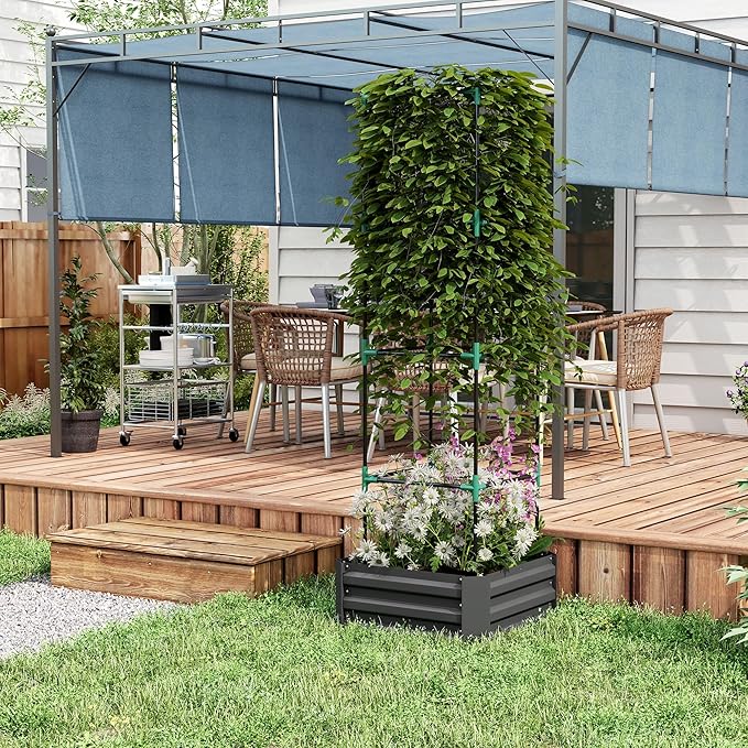 Galvanized Raised Garden Bed 24 x 24 x 11.75 Outdoor Planter Box with Trellis Tomato Cage and Open Bottom for Climbing Vines Vegetables Flowers in Backyard Garden Patio Gray