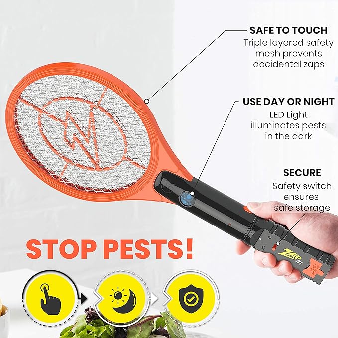 ZAP IT! Bug Zapper Rechargeable Bug Zapper Racket 4000 Volt USB Charging Cable 2 Pack (Mini Orange)