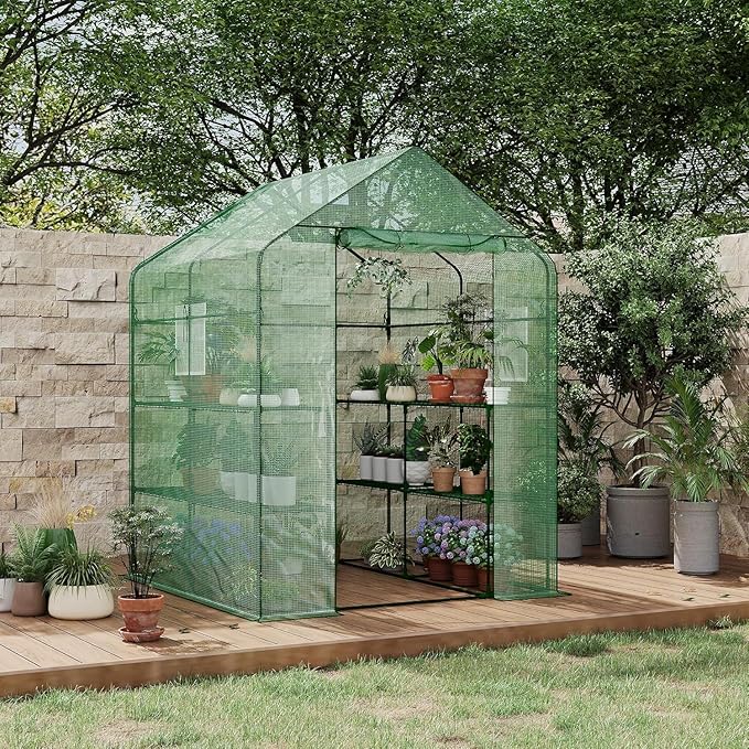 57x57x77 Inch Greenhouse for OutdoorPortable Walk in Greenhouses with Thicken PE CoverDurable Green House Kit with Window Vent 3 Tier 12 Shelves for Indoor Backyard Outside