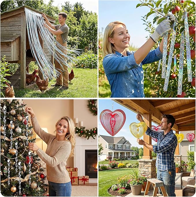 Bird Repellent Devices Kit14 PieceReflective Scare Rods Bird Scare Tape Discs Heart Wind Spinners Keep Woodpeckers Pigeons &amp Geese Away Effective Hanging Decor for Patio House Siding