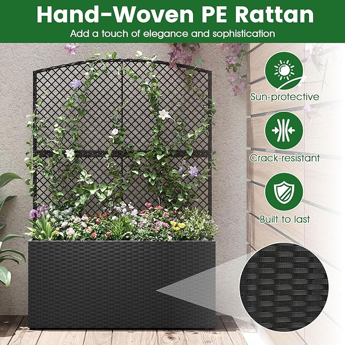 Giantex Raised Garden Bed with Trellis 58'' Tall PE Rattan Planter Box w/Liner &amp Drainage Metal Frame Privacy Screen for Vertical Climbing Plants Vegetables &amp Flowers Patio Balcony Gardeni