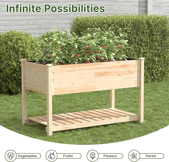 Raised Garden Bed with Legs 47.2x23.6x30in Wooden Raised Garden Box with Bed Liners Storage Shelf for Outdoor Garden Patio Elevated Wood Planter for Vegetables Fruits Flowers