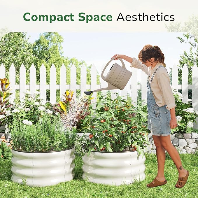 GreatBuddy 2x2x1 ft Round Galvanized Raised Garden Bed Easy-Assembly Raised Bed with Anti-Cut Gloves &amp Tools Rust-Proof Garden Bed for Outdoor Vegetables Herbs Small Trees White