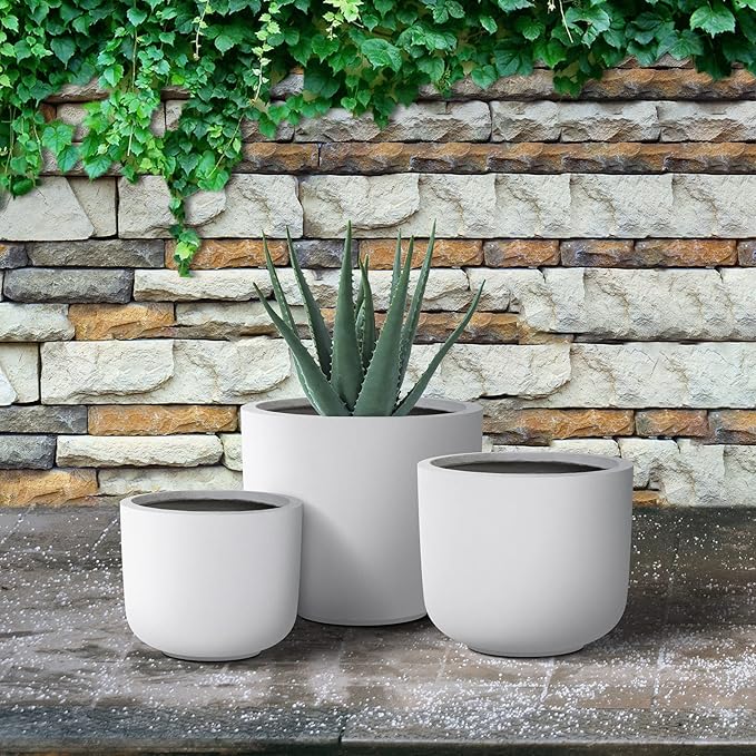 Kante 13119 Dia Pure White Concrete Round Planters (Set of 3) Outdoor Indoor Modern Planter Pots Lightweight Weather Resistant Seamless with Drainage Hole