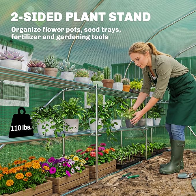 Outsunny 10'x11'x6' Walk-in Tunnel Greenhouse with Shelves Mesh Door and Windows Plant Hot House with PE Cover Outdoor Green House for Patio Lawn Garden Green