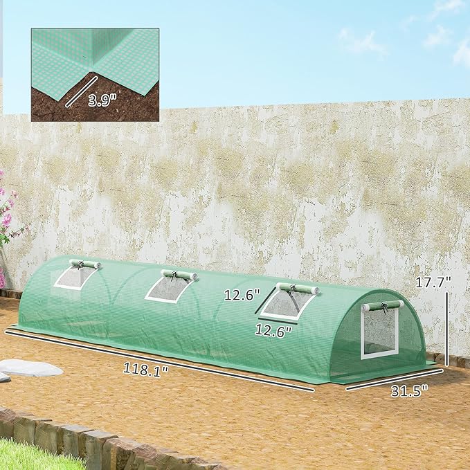 Outsunny 10' x 3' x 2' Mini Greenhouse with 5 Mesh Windows Portable Plant Hot House with PE Cover Steel Frame for Garden Backyard Green