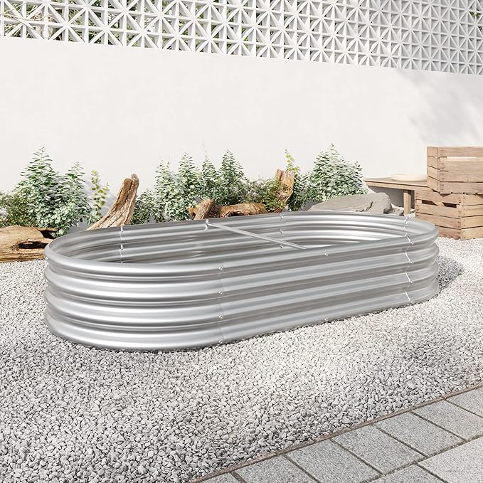 DSHADE Outdoor Raised Garden BedOval Large Galvanized Metal Raised Planter Bed Garden Bed Kit Anti Rust Garden Beds Large Metal Planter Box for for PlantsVegetablesFlowers (Silver)