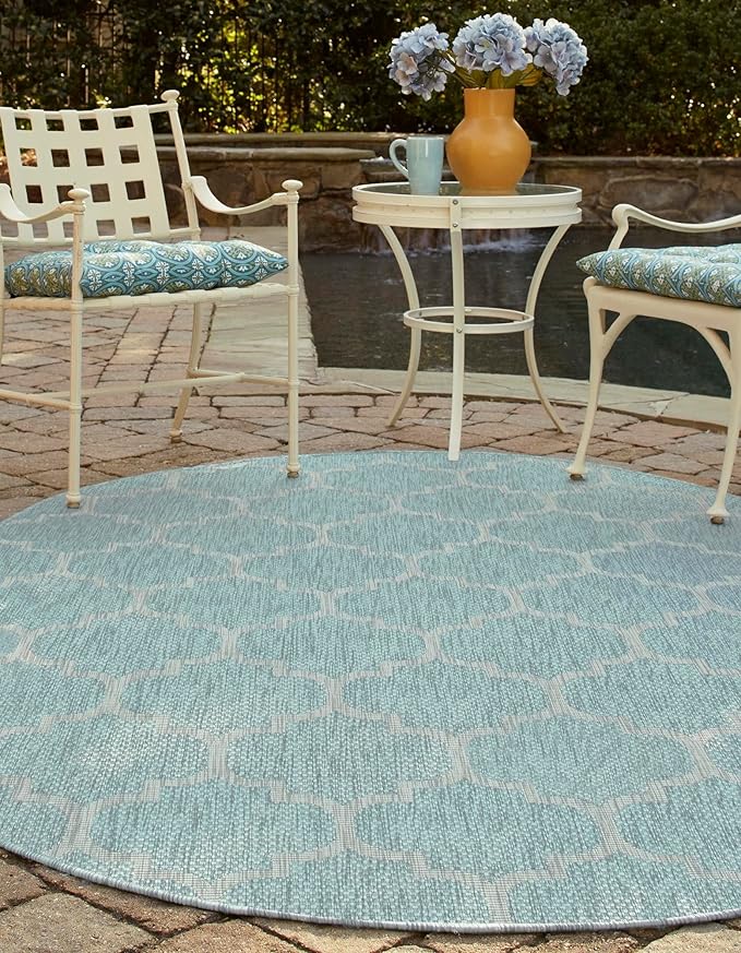 Unique Loom Outdoor Trellis Collection Area Rug (5' 1 x 8' Oval Aquamarine/ Gray)
