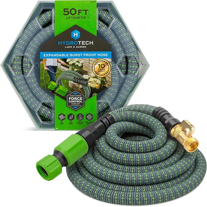 HydroTech 50 ft Expandable Garden Hose - Burst Proof &amp Lightweight Flexible Water Hose with Durable Reinforced Latex Core &amp Solid Brass Fittings for Lawn Garden Car Washing