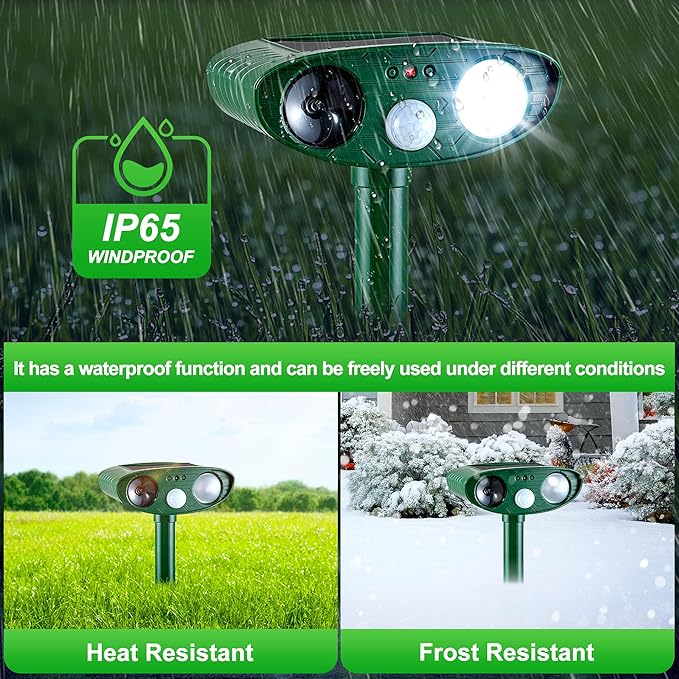 2 Pack Solar Animal Repeller for Raccoons Deer &amp Squirrels - Ultrasonic &amp Strobe Light Outdoor Deterrent for Cats Dogs Raccoons Rabbits Skunks Foxes &amp More
