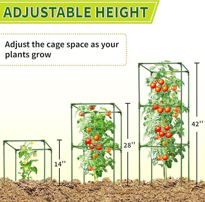 3 Pack Square Tomato Cages for Garden - 42 Inch Heavy Duty Tomato Plant Support Stakes Sturdy Metal Core with Rust-Resistant Coating Tomato Trellis for Raised Beds