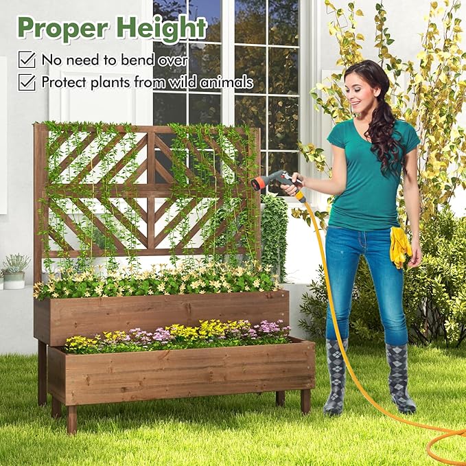 Raised Garden Bed with Trellis 2-Tier Wood Planter Box with Freestanding Legs &amp Drainage Holes Outdoor Raised Garden Bed for Climbing Plant Vine Vegetable
