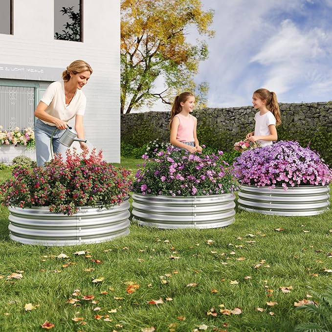 2PCS 2 x 1ft Round Galvanized Raised Garden Bed with Safe Rubber Edge Rust &amp Corrosion Resistant Metal Planter Box Open Bottom Easy Assembly for Vegetables Fruit Flowers Silver