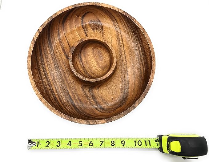 Handcracfted Acacia Wood Chip and Dip Specialty Salsa Bowl Plate Tray 10' D x 1.5 Thick