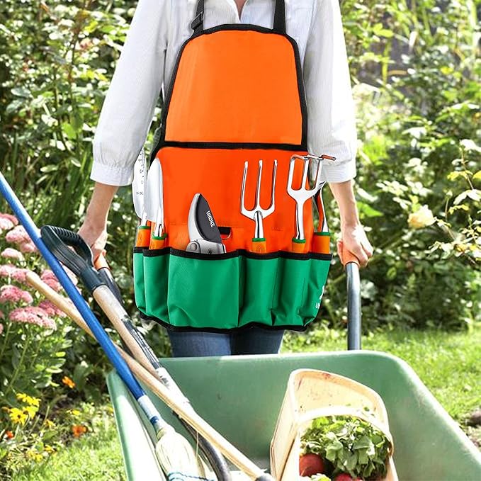 Ukoke UGP01G-7 Outdoor Tool Heavy Duty Work Ergonomic Handle for Women Men Set 7 Piece Aluminum Kit Garden Canvas Apron with Storage Pock Orange