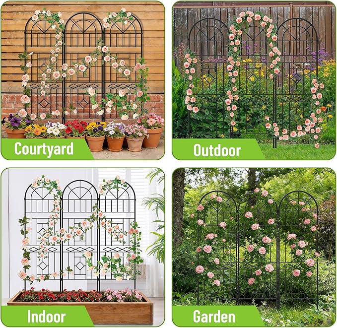 Garden Trellis for Climbing Plants 3 Pack 38Wx 64.6H Rustproof Flower Trellis with Black Coating Outdoor Climbing Rose Trellis Cucumbers Support for Courtyards Lawns (Black-Linear Shape 3 Pieces)