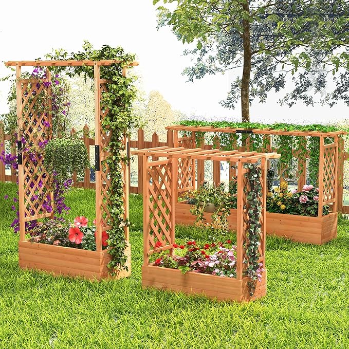 S AFSTAR 45-Inch Raised Garden Bed with Arch Trellis Hanging Roof Planter Box Drainage Holes Vertical Plant Container for Vine Climbing Plant Flower Flower Bed Wood Planter for Indoor &amp Outdo