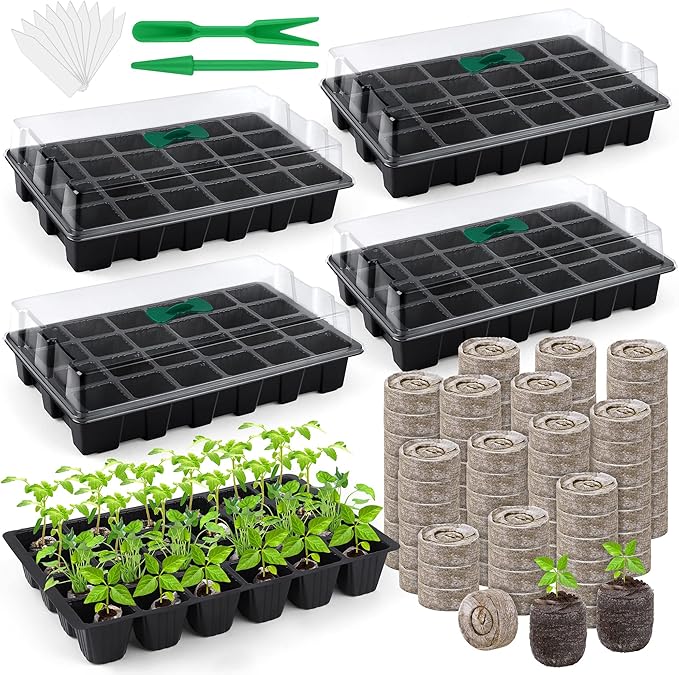 4 Pack 24-Cells Seed Starter Tray Kit Germination Tray with Humidity Dome and Base Plant Growing Kit Germination Starter Including Peat Pellets Plant Labels Tool for Indoor Outdoor Black