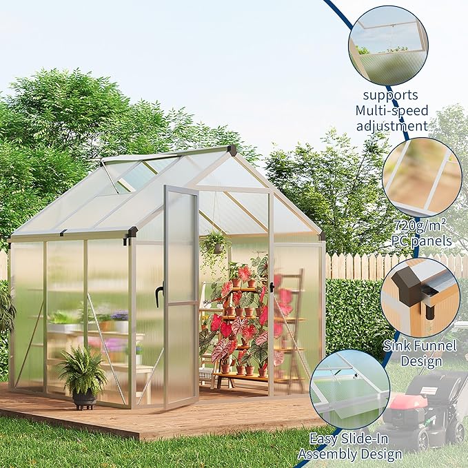 6 x 6 FT Greenhouse Outdoor Greenhouses Polycarbonate Panels with Aluminum Frame Adjustable Roof Vent and Lockable Door Green Houses for Outside Backyard Garden Patio
