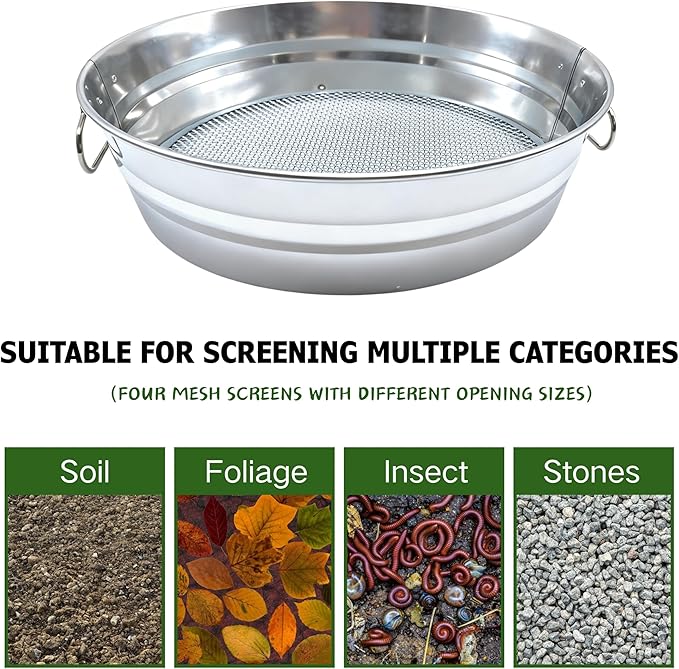 Soil Sifter for Gardening with Handles Rock Sifter Fits 5 Gallon Bucket with 4 Replaceable Screens Compost Sifter Dirt Sifter Captures Dirt Rocks Sawdust