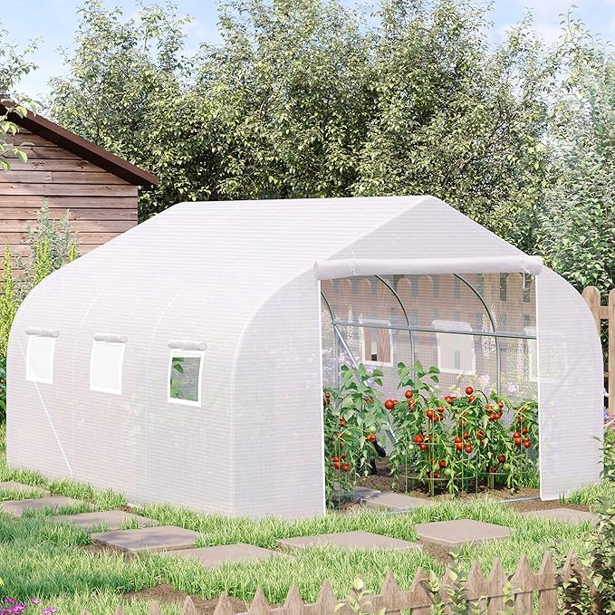 Outsunny 11.5' x 10' x 6.5' Outdoor Walk-in Greenhouse Tunnel Green House with Roll-up Windows Zippered Door PE Cover Heavy Duty Steel Frame White