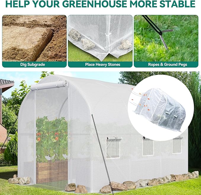 YITAHOME 10x6.5x6.5ft Greenhouses Large Walk-in Green House Heavy Duty Tunnel Green Houses Outdoor Portable Plant Gardening Upgraded Galvanized Steel Frame Zipper Doors 5 Crossbars Garden White