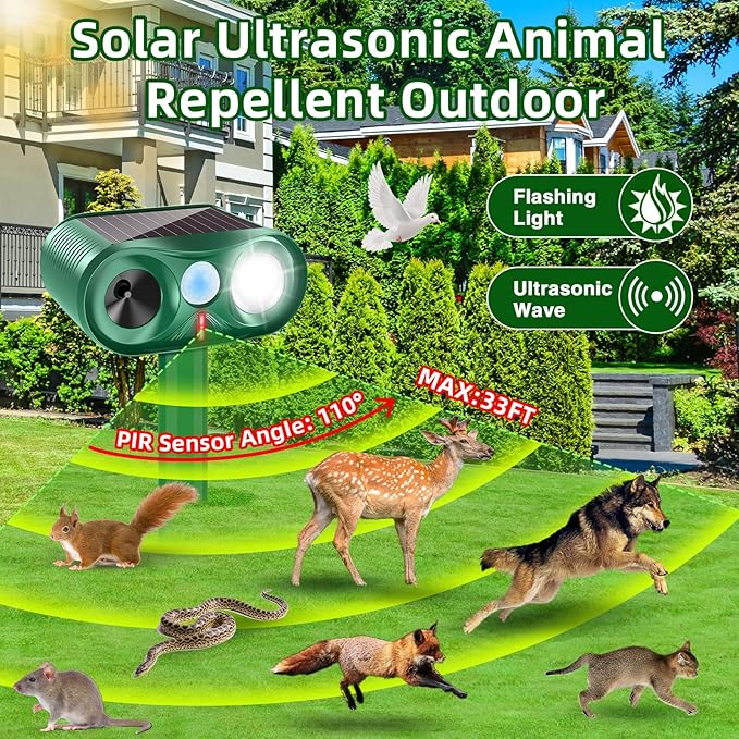 2026 Solar Animal Repellent Ultrasonic Outdoor Cat Repellent Solar Animal Repeller with Motion Sensor&ampLED Flashlight Deer Repellent Devices Repels All Animal Repellent OutdoorProtect Plants