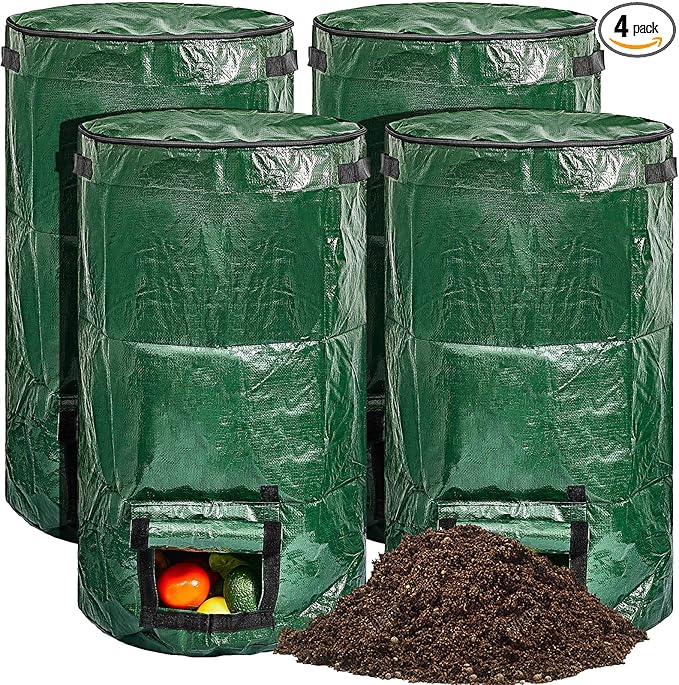 Ctosree 4 Pieces Compost Bin Bags Large 34 Gallon Reusable Yard Waste Lawn Bags Heavy Duty Garden Composting Garbage Can Outdoor Container with Zipper Lid and Handles for Loading Leaf Trash