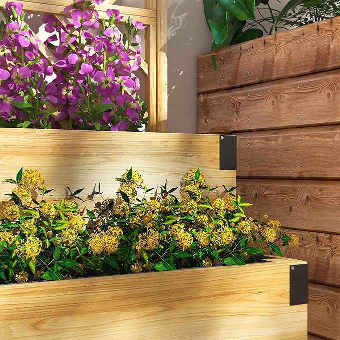 Outsunny Raised Garden Bed with Trellis 2 Tier Wooden Elevated Planter Box with Legs and Metal Corners for Vegetables Flowers Herbs Natural