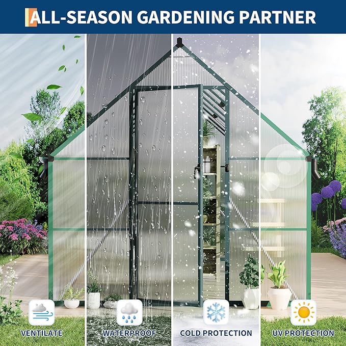 8X16 ft Polycarbonate Greenhouse with Aluminum Frame Polycarbonate Greenhouse for Outdoors Greenhouses with Ventilation and Rain Gutter Aluminum Large Walk-in Greenhouses for Outside