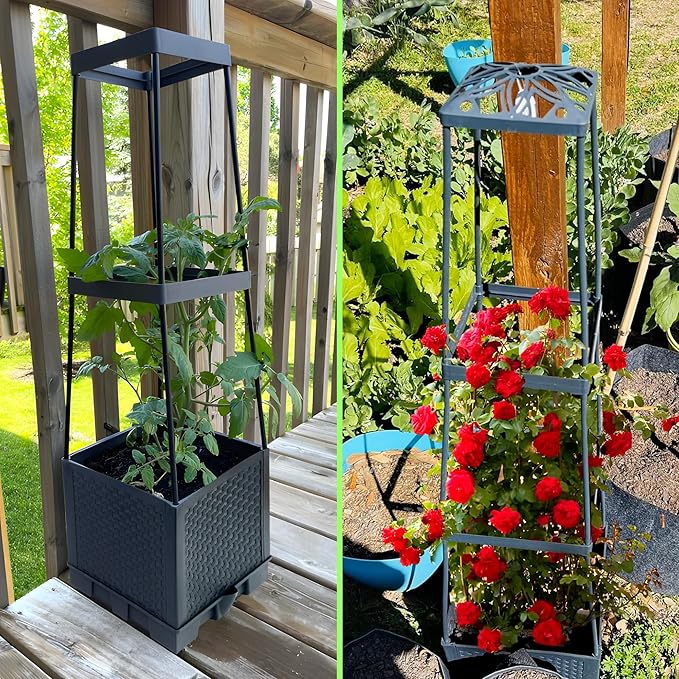 2 Packs Raised Garden Bed Tomato Planter Box with Trellis44.8 Self-Watering Tomato Cage with Trapezoidal Trellis for Climbing Plants Flowers Vegetables Vine in Patio Garden Indoor Outdoor