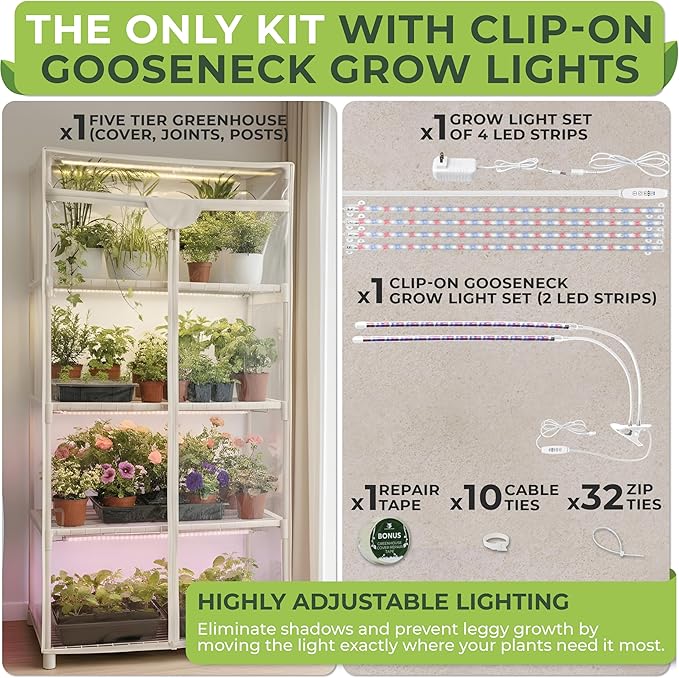 Carpathen Indoor Greenhouse with Grow Lights - 4 Tiers 27.2L x 19.3W x 54H with 4 Dimmable 15W Full Spectrum LED Light Strips and 2 Gooseneck Clip-on Plant Lamp - Mini Greenhouse with Zip PVC Cover