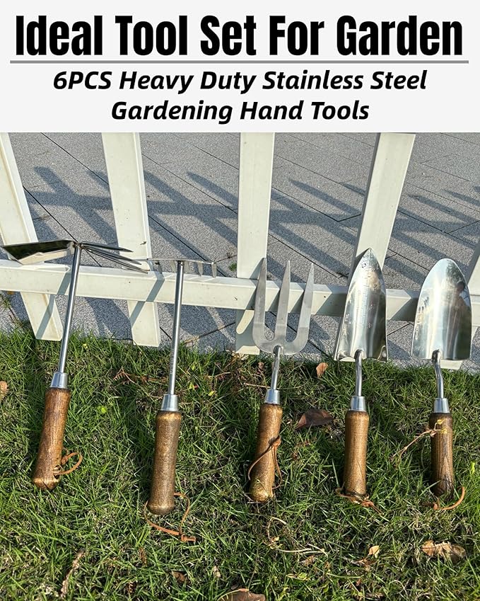 Garden Tool Set 6PCS Heavy Duty Stainless Steel Gardening Hand Tools with Ropes Includes Hand Cultivator Shovel Trowel Transplanter 2-in-1 Hoe Pruner Ideal Gardening Gifts for Women Men (Classic)