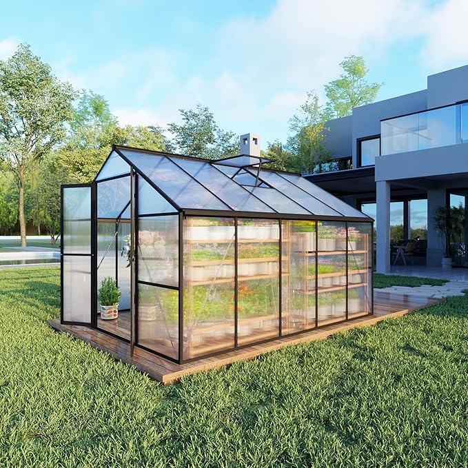 8X10 FT Greenhouses for Outdoors Aluminum Large Polycarbonate Greenhouse Quick Setup Walk in Green House with Roof Vent and Swing Lockable Door for Outside Black (119 W x 96 D x 77 H)