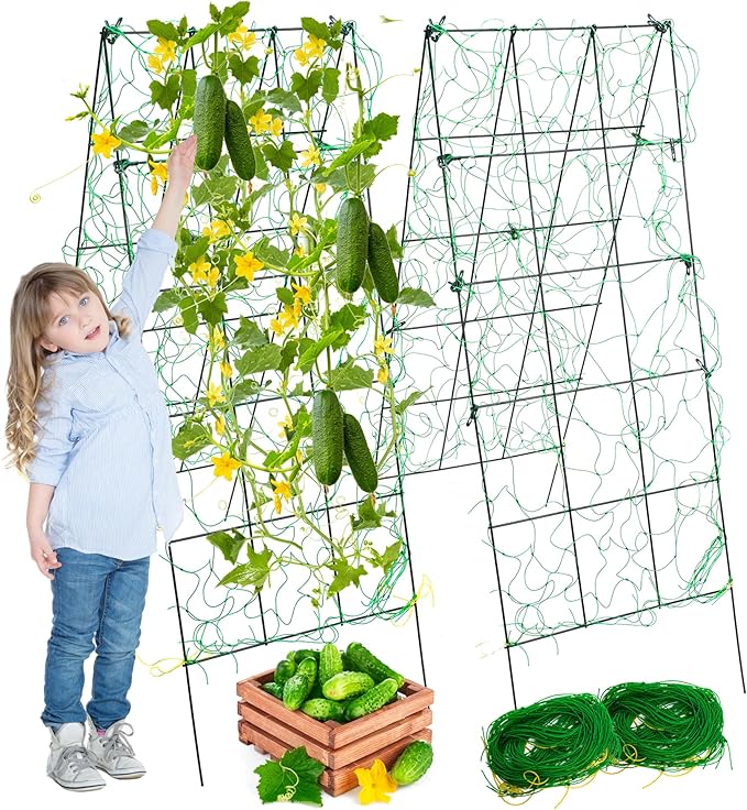Pack 2 Heavy Metal Garden Trellis for Climbing Plants with Trellis Netting &amp Garden Clips A-Frame Cucumber Trellis for Raised Bed