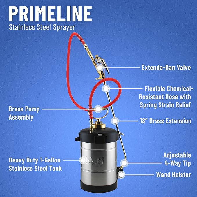 B&ampG Primeline 1 Gallon Stainless Steel Sprayer (N124-S-18) | Extenda-Ban Valve | 18 Brass Extension (1.5 Feet) | 4-Way Tip | A Durable Precise Premium Sprayers for Lawn Gardening &amp Sanitiz