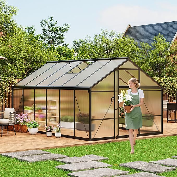 8X12FT Outdoor Greenhouse Aluminum Polycarbonate House Green Houses for Outside with Sliding Doors Ajustable Roof Vent Withstands Bad Weather for Garden or Backyard Black