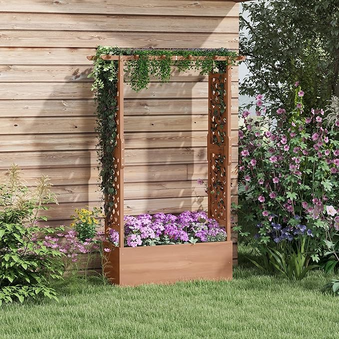 Outsunny Raised Garden Bed with Arch Trellis for Vine Climbing Plants Hanging Flowers 70.75 Tall Outdoor Wood Planter Box with Drainage Hole &amp Fabric Filter for Backyard Patio Brown