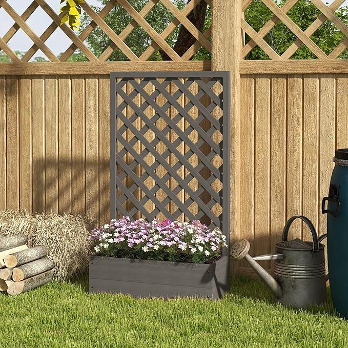 40x40x12 inch Modern Wooden Raised Garden Bed with Built-in Trellis for Climbing Vines and Fruits Gray Color Durable Design Contemporary Appeal