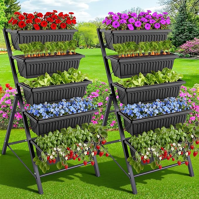 Homdox 2 Pack Elevated Garden Bed 5-Tier Freestanding Vertical Raised Bed for Gardening 5 Garden Planter Boxes and 5 Hooks Perfect to Grow Vegetables Herbs Flowers Outdoor Indoor Black
