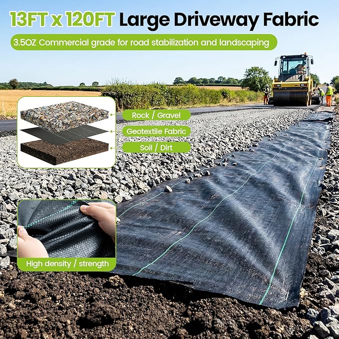 13x120ft Driveway Fabric 3.5OZ Commercial Weed Barrier Fabric Heavy Duty Landscape Fabric Weed Fabric Weed Blocker Fabric for Garden Weed Barrier Road Fabric Construction Project Erosion Control