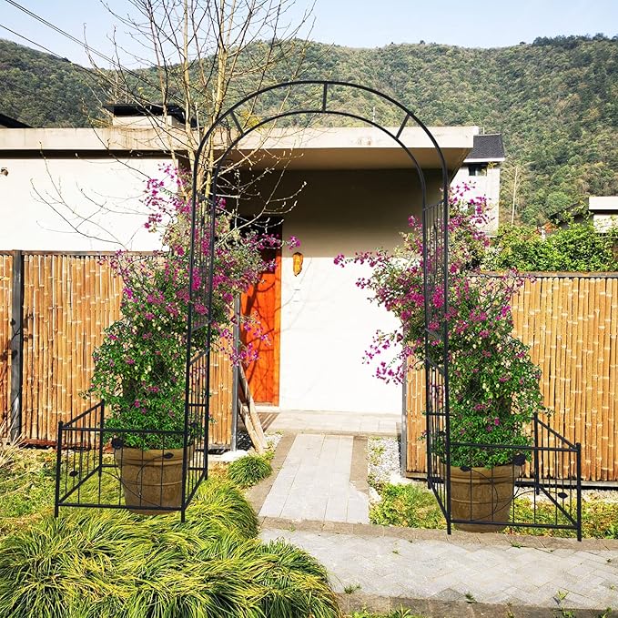 Garden Trellis Metal Garden Arch Outdoor Trellis with Two Plant Stands 79.5'' Wide x 86.6'' High Climbing Plants Support Rose Arch Outdoor