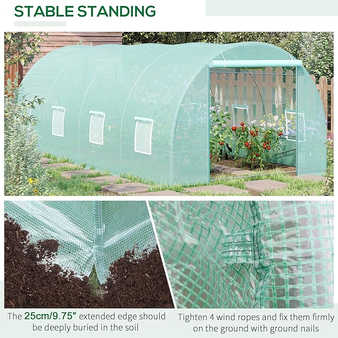 【LuckyNote】 20' x 10' x 7' Walk-in Tunnel Greenhouse Garden Warm House Large Hot House Kit with 8 Roll-up Windows &amp Roll Up Door Steel Frame Green