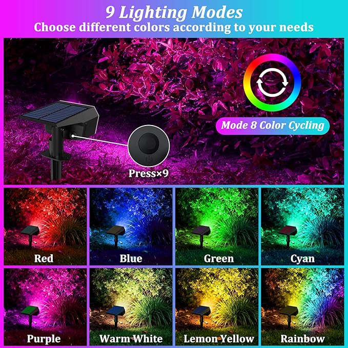 Sucolite 8-Pack Solar Spot Lights Outdoor Waterproof IP65 3 Lighting Modes 2-in-1 Solar Landscape Spotlights for Yard 59 LED Solar Powered Wall Lights for Garden Pathway Driveway Walkway Multicolor
