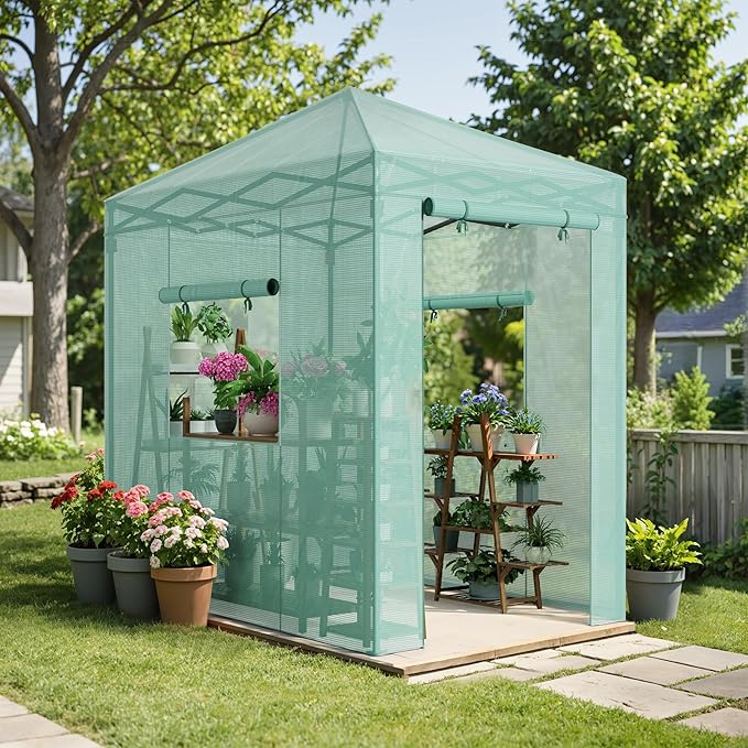 Greesum 6x4 FT Portable Small Greenhouse with PE Cover Zippered Door and 2 Roll-up Windows Easy Assemble(Green)