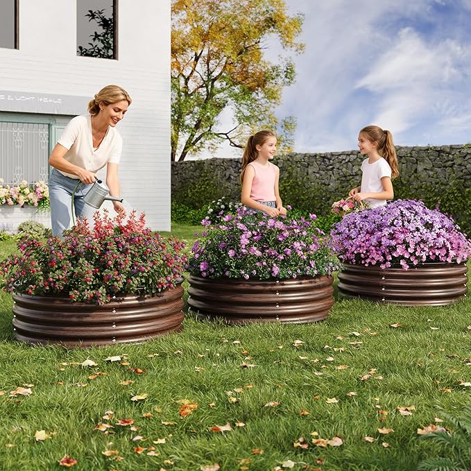 2x2x1ft Round Metal Raised Garden Beds – Corrosion-Resistant Galvanized Steel Quick Assembly Safe Rubber Edges for Planting Landscaping