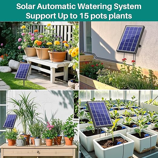 Biling 4W Solar Drip Irrigation System with Digital Programmable Smart Watering 2200mAh Battery Backup for 15 Potted Plants Outdoor Indoor Garden