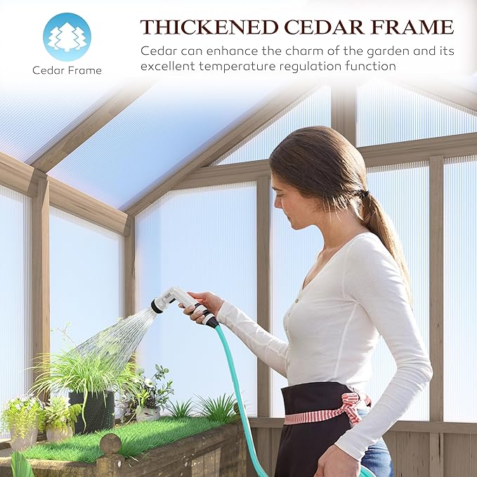 VEIKOU 8x14 FT Greenhouses for Outdoors Walk-in Wooden Greenhouse with Cedar Frame &amp Adjustable Vents Garden Green House with 6MM Thick Polycarbonate Panel for Outside Backyard Light Brown Moc