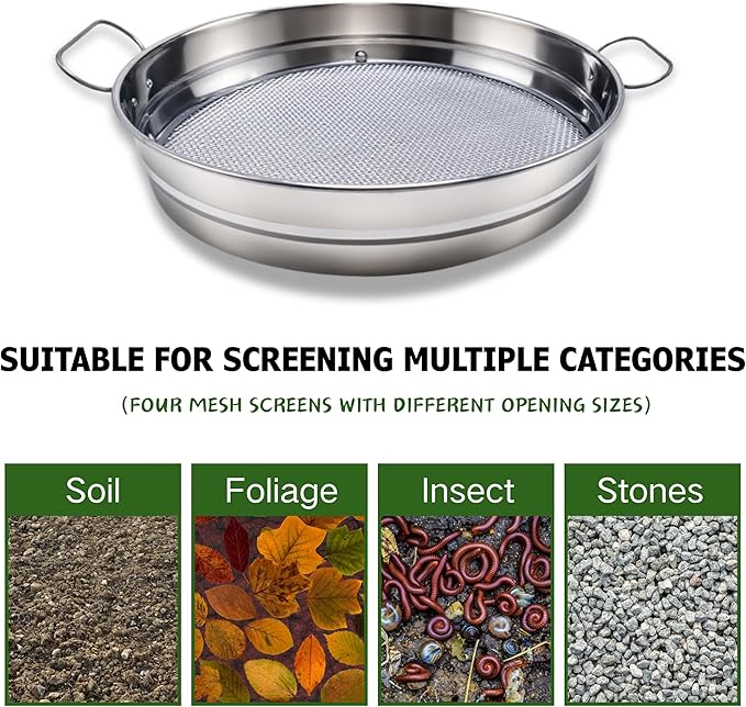 14.5“ Soil Sifter for Gardening with Handles Large Rock Sifter with 4 Replaceable ScreensCompost Sifter Dirt Sifter Captures Dirt Rocks Sawdust