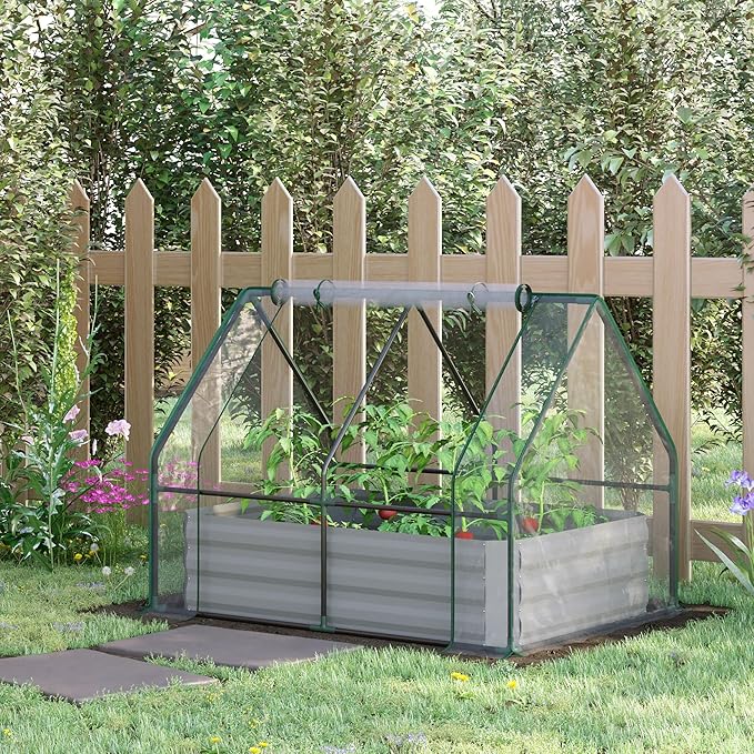 Elevated Metal Garden Bed with Greenhouse Top 48”x36” Outdoor Planter with 2 Adjustable Windows to Optimize Growing for Fruits and Flowers Clear Cover Included
